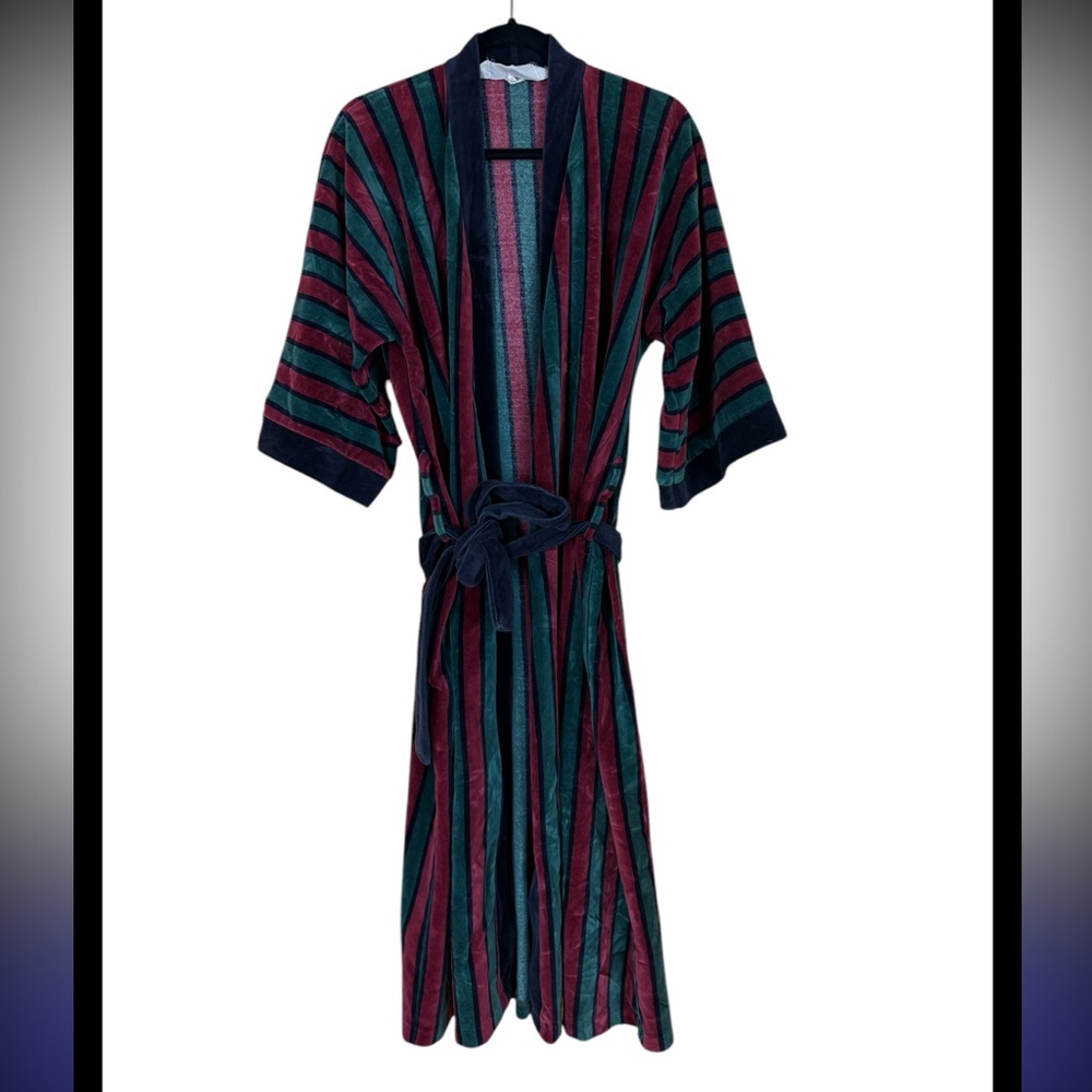 VTG bath robe mens OS 36 - 44 (90-110cm) green red stripe cotton polyester Flaw